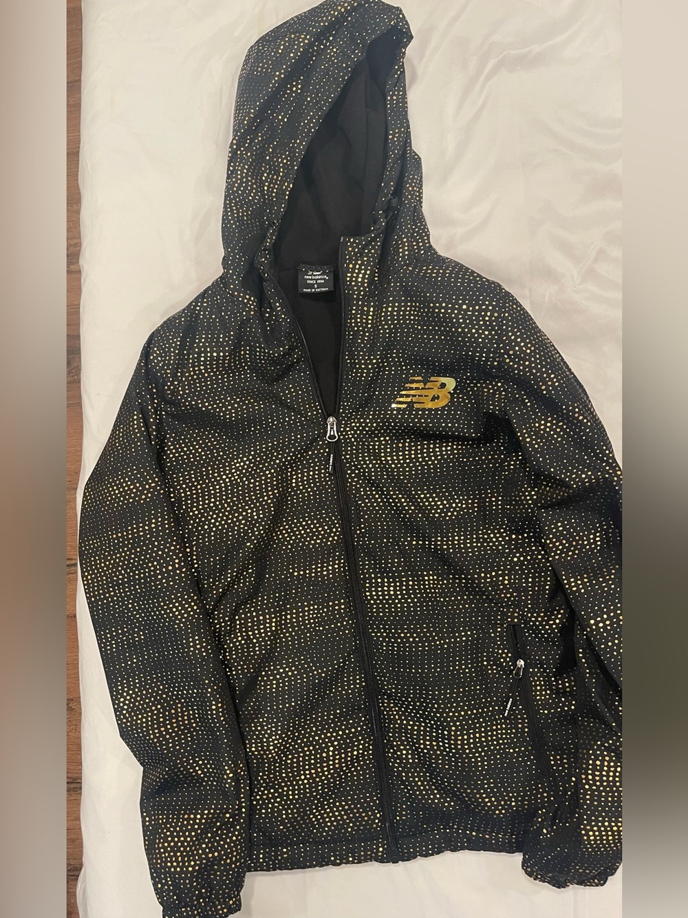New Balance Black Hooded Windbreaker with Gold Dot Print